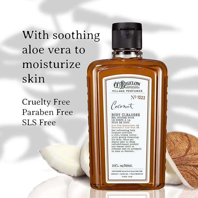 C.O. Bigelow Coconut Body Cleanser, Village Perfumer Moisturizing Gentle Body Wash for Men & Women with Aloe Vera, Sodium PCA, and Glycerin, 10 fl oz