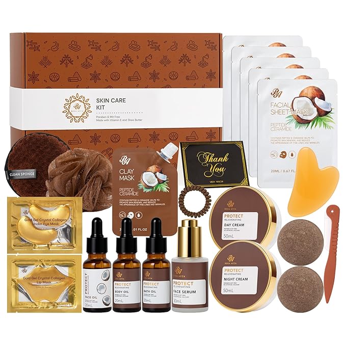 Coconut 23 Pcs Facial Skin Care Sets For Women & Men, Self-Care Gift Set, Spa Relaxation Kit, Birthday, Christmas, Valentines, Mother Day, Dad, All Occasion Present