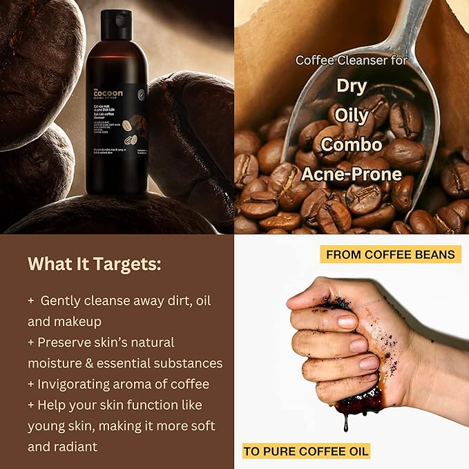 Cocoon Dak Lak Coffee Cleanser, Vegan Facial Cleanser Low PH, Daily Face Wash for All Skin Types, Gentle Makeup Remover, With Antioxidants for Glowing Skin & Less Visible Pores