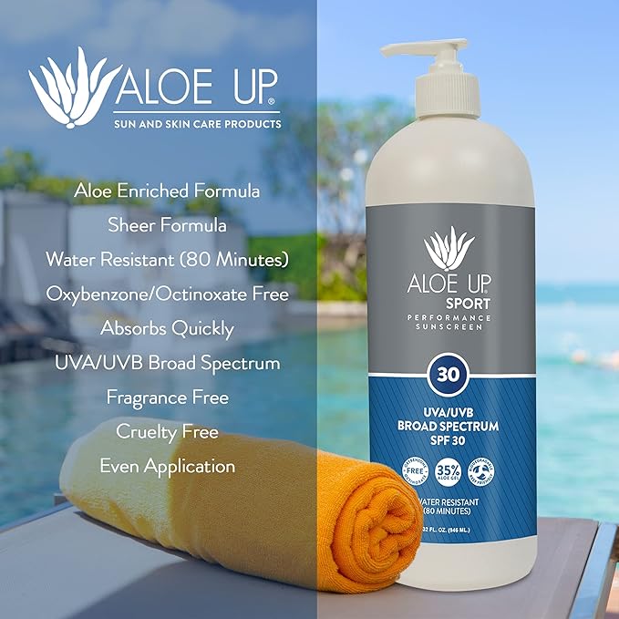 Aloe Up Sport Sunscreen Lotion SPF 30 - Broad Spectrum UVA/UVB Sunscreen Protector for Face and Body With Hydrating Aloe Vera Gel Non-Greasy No White Cast Reef Safe Fragrance-Free - 32 Oz.