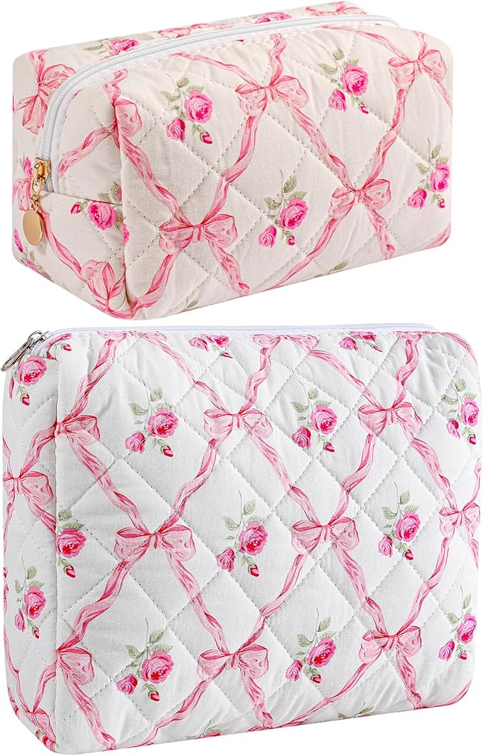 Makeup Bag Travel Cosmetic Bag for Women Girls, Zipper Make Up Pouch, Floral Flowers Toiletry Organizer Makeup, Portable Storage Bag, Cosmetic Travel Cloth Bag (2 Pack (L+S)/Pink Bowknot)