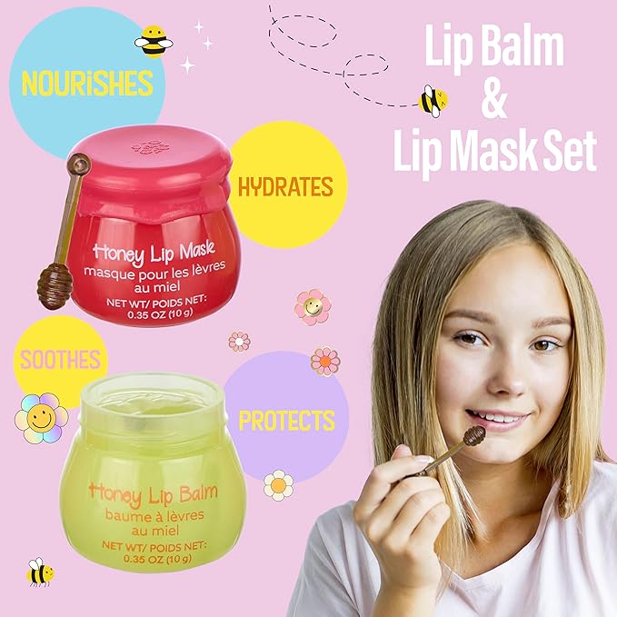 2pc Honey Lip Balm & Lip Mask Set -Simply Sweet Real Honey Jar w/Dipper Applicator Sticks | Safe and Non-Toxic Lip Gloss Gift Set For Girls