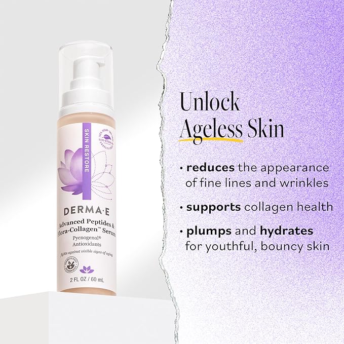 DERMA E Advanced Peptides and Vegan Flora-Collagen Serum – Double Action Collagen Face Cream with Peptide Complex – Intensely Hydrating Serum for Lines, Wrinkles and Redness, 2 oz