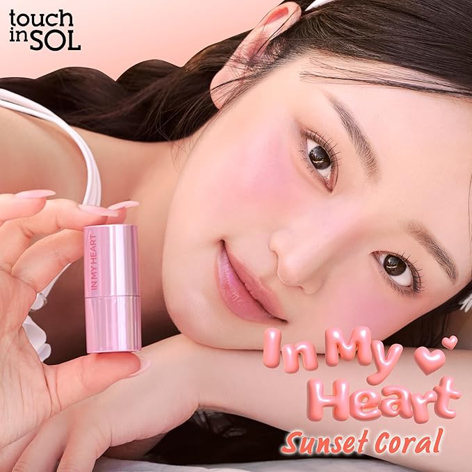 Touch in Sol In My Heart Stick Blush (#Sunset Coral) – Cream Blush Stick for Cheeks, Eyes & Lips – Korean Makeup Cheek – Creamy, Blendable Milk Blush for Dewy Glow, Natural Finish, k beauty (0.21 Oz)