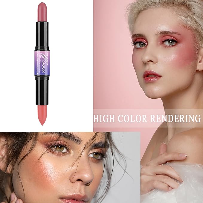 Dual-Ended Cream Blush Stick,Cream Blush Makeup Stick,Buildable Blush Stick for Cheeks Long Wearing,Easy Application,Lightweight Multi Stick,Plum & Peach