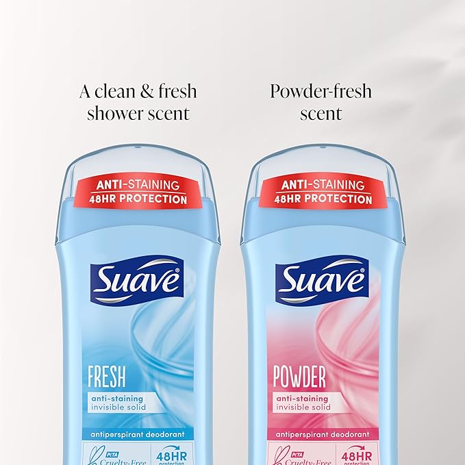 Suave Deodorant Women, Antiperspirant, Powder and Fresh Bundle, 48-Hour Odor & Wetness Protection, with Essential Oils, anti-staining, no baking soda Bundle 4 x 2.6 oz