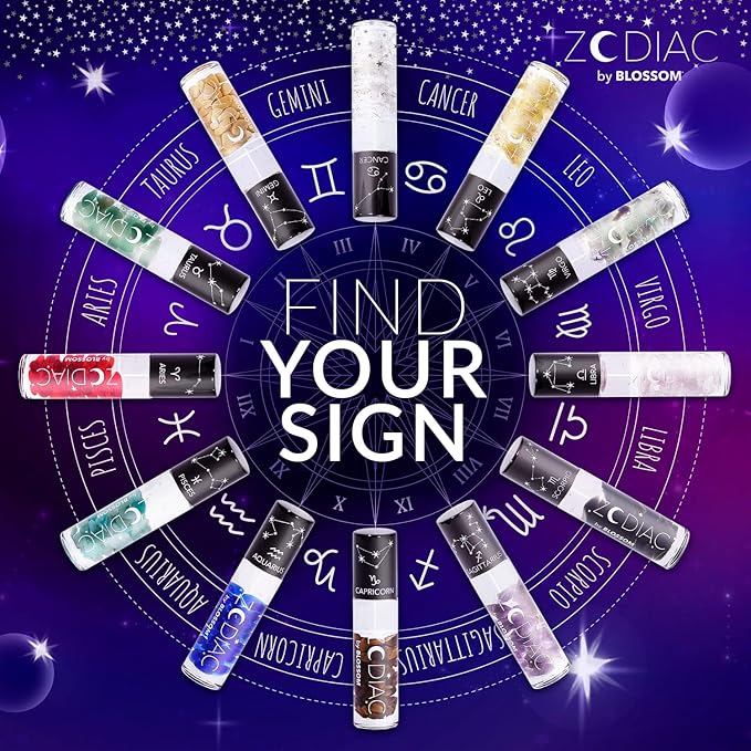 Blossom Juicy Jelly Moisturizing Lip Care Fruit Flavored Nourishing Lip Oil + Zodiac Sign Vanilla Scented Roll On Lip Gloss with Crystals, 2 Pack Bundle, Grape/Virgo