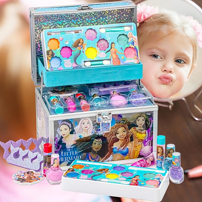 Little Mermaid Train Case Beauty Set, Kids Makeup Kit for Girls, Real Washable Toy Makeup Set, Play Makeup, Pretend Play, Party Favor, Birthday, Toys Ages 3 4 5 6 7 8 9 10 11 12