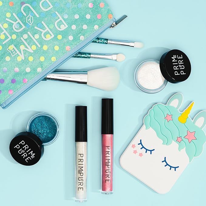 Prim and Pure Mineral Gift Set with Unicorn Mirror| Perfect for Play Dates & Birthday Parties | Kids Eyeshadow Makeup – Mineral Blush | Organic & Natural Makeup Kit for Kids| Made in USA (Blue)