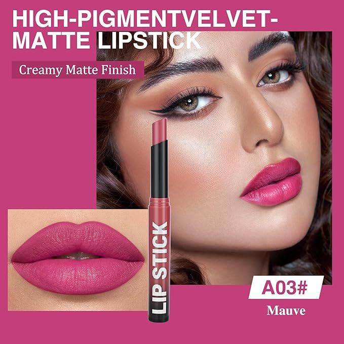 Light Purple Matte Lipstick，Creamy Silky Matte+Lipsticks，Hydrating Balm-in-Lipstick，Velvety Finish for Women Daily Lip Makeup，High-pigment Formula，Easy to use and color，Vegan & Cruelty-Free 03#
