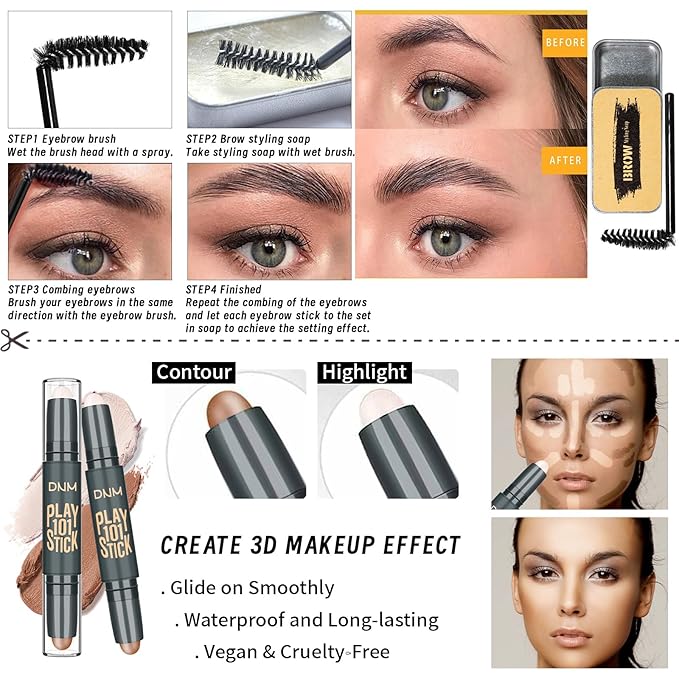 Face Primer, Makeup Brush and Sponges, Eyebrow Soap and Pencil, Mascara, Winged Eyeliner Stamp, cosmetic bag，Eyebrow Soap and Pencil, Mascara, Winged Eyeliner Stamp