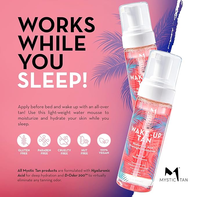 Mystic Tan Self Tanning Bundle: Wake-Up Tan Self Tanner Water Mousse 5.5 fl. oz. + Streak Free Tan Applicator Mitt - Hyaluronic Acid Overnight Moisturizer, Easy-to-Use, Works While You Sleep