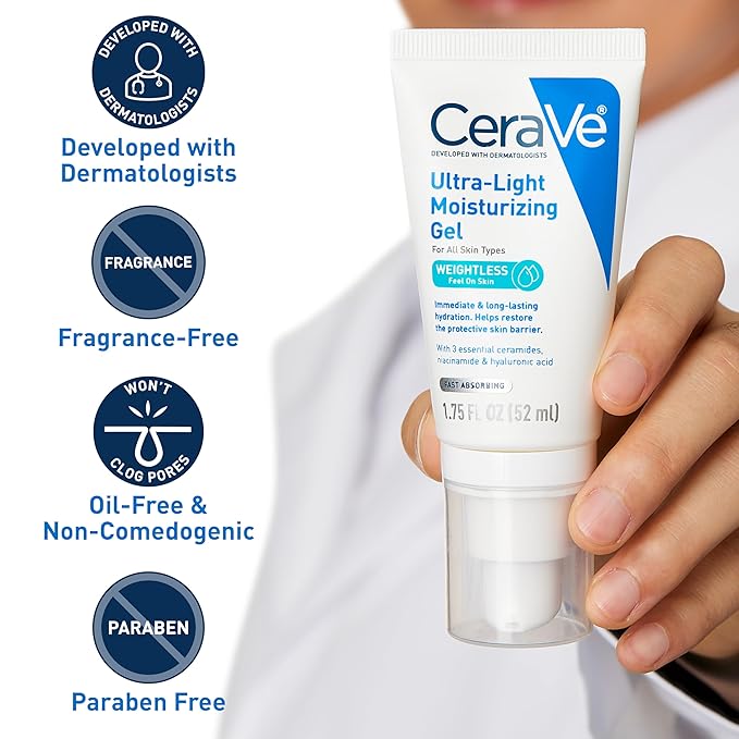 CeraVe Ultra-Light Moisturizing Gel, Hydrating Gel Face Moisturizer with Ceramides, Niacinamide, Hyaluronic Acid, Fragrance Free, Oil-Free, Weightless Mattifying Moisturizer, 1.75 FL Oz