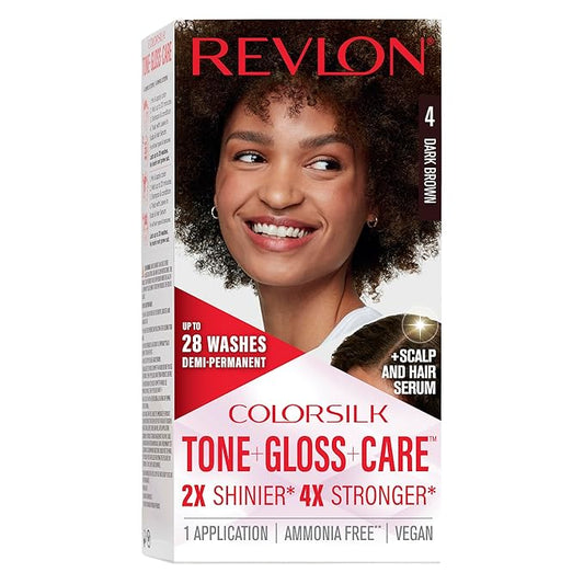 Revlon ColorSilk Tone + Gloss + Care Demi Permanent Hair Color, Dye Kit with Leave-In Scalp and Haircare Serum, 2x Shinier, 4x Stronger, 4 Dark Brown, 4.5 fl oz