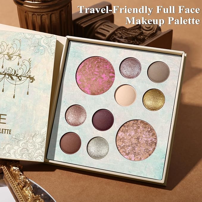 UCANBE All in One Baked Makeup Palette – Eyeshadow, Blush & Bronzer Face Kit, Neutral Pigmented Colors, Travel Size Compact, Full Face Makeup Gift Set for Women