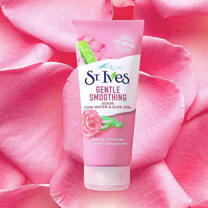 St. Ives Gentle Smoothing Face Scrub Our Gentlest Scrub Yet Rose Water and Aloe Vera Made with 100 percent Natural Exfoliants, Paraben Free, Oil-Free, Dermatologist Tested 6 oz (Pack of 2)