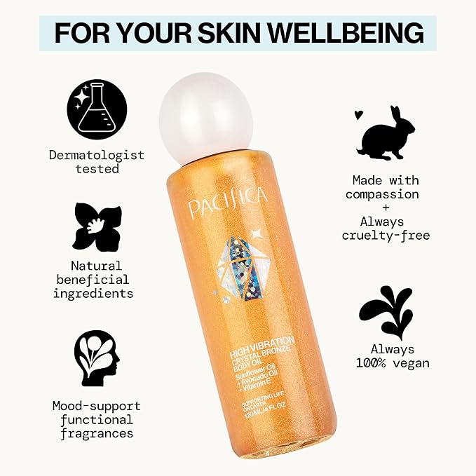 Pacifica Bronzing Body Oil – Crystal Bronze Shimmering Oil for Natural Sun-Kissed Glow, Hydrating Body Illuminator, Vanilla Coconut Scent, Vegan & Cruelty-Free, Clean Beauty, 4 fl oz