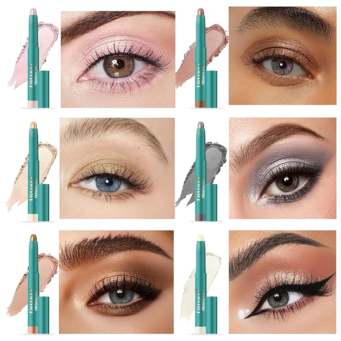 6 Colors Eyeshadow Stick Set, Eye Brightener Stick Shimmer Smooth Cream Eyeliner Pencil Long Lasting Waterproof Glitter Highlighter Eye Shadow Makeup