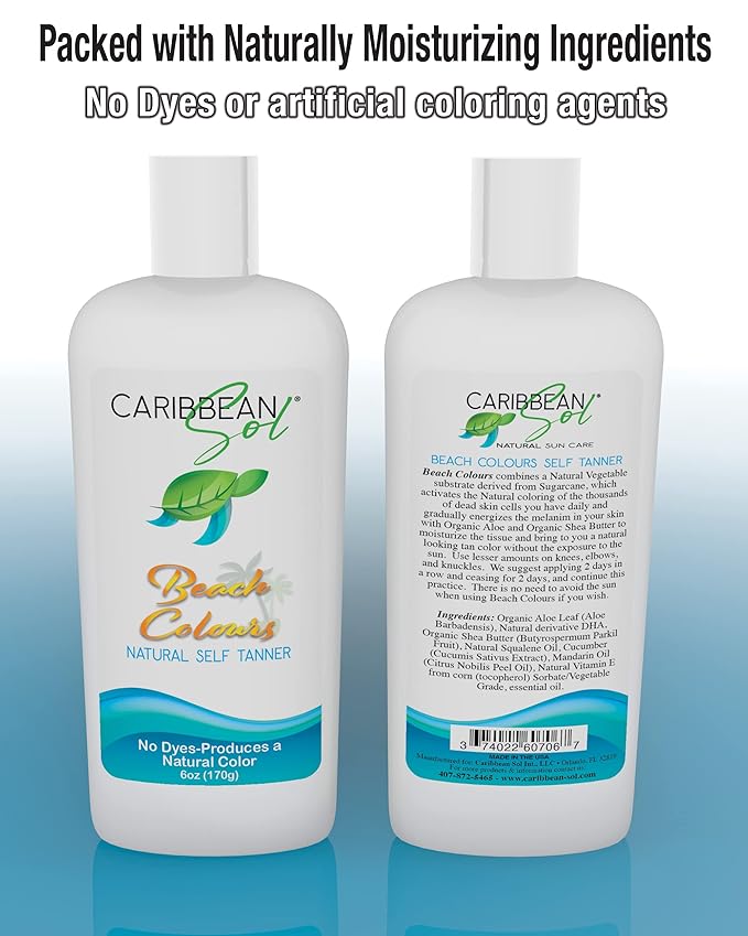 Caribbean Sol - Beach Colours Natural Self Tanning Lotion- Natural Eco-Friendly Sunless Tanner Skin Moisturizing Quick Self Tan Body Lotion 6oz.