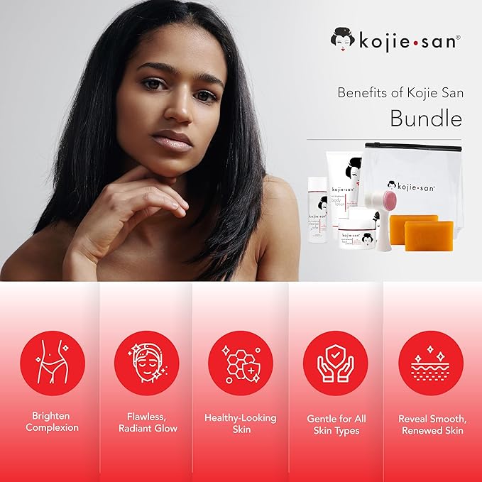 Kojie San Face & Body Shower Set - The Original Kojic Acid Soap that Reduces Visibility of Dark Spots, Hyperpigmentation, and Other types of Skin Damage – 135g x 2 Bars with Lotion, Cream and Toner