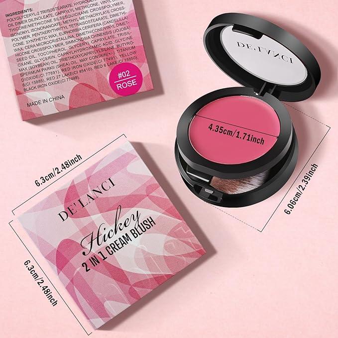 Multi-Purpose Cream Blush for Cheeks & Lip & Eyeshadow, Buildable Lightweight Peach Blush Balm, Ultra Hydrating Cruelty-Free Makeup Blush for Dry/Sensitive Skin, Waterproof Blush, Built-in Brush, Rose