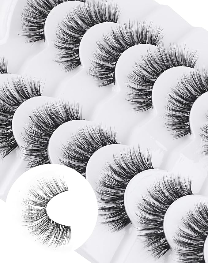 Lashes Wispy False Eyelashes Natural Look Fluffy Mink Lashes Doll Eyelashes Thick Faux Mink Eyelashes C Curl Fake Lashes 14MM 7 Pairs