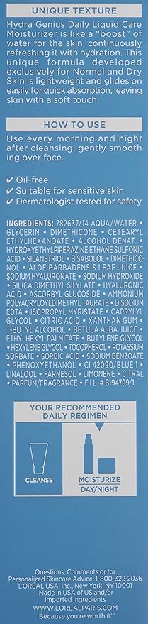 L’Oreal Paris Skincare Hydra Genius Daily Liquid Care Oil-Free Face Moisturizer for Normal to Dry Skin, Hyaluronic Acid Moisturizer for Face with Aloe Water and Hyaluronic Acid, 3.04 fl. oz.