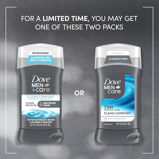 Dove Men+Care Deodorant Stick for Men Clean Comfort Pack of 2 Aluminum Free 72-Hour Odor Protection Mens Deodorant with 1/4 Moisturizing Cream 3 oz