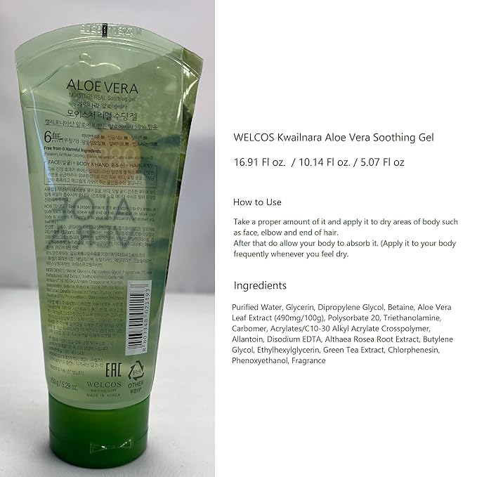 WELCOS Kwailnara California grown Aloe Vera Moisture Soothing Gel, 98% Pure, All-in-One for Face, Body, Hand, Hair, Korean Skin Care (10.14 Fl oz.)
