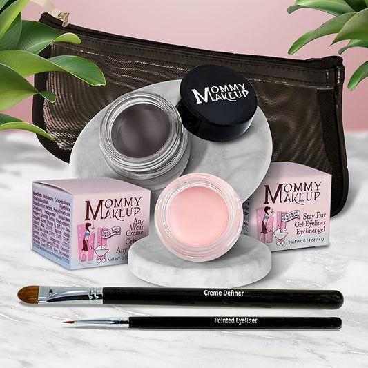 The Everlasting Eye 5 Piece Waterproof Makeup Set. Gel Eyeliner, Creme Eyeshadow, 2 brushes and Mesh Bag. Paraben-free, Talc-free, Cruelty-free. Cameo/Chocolate Kiss 2302