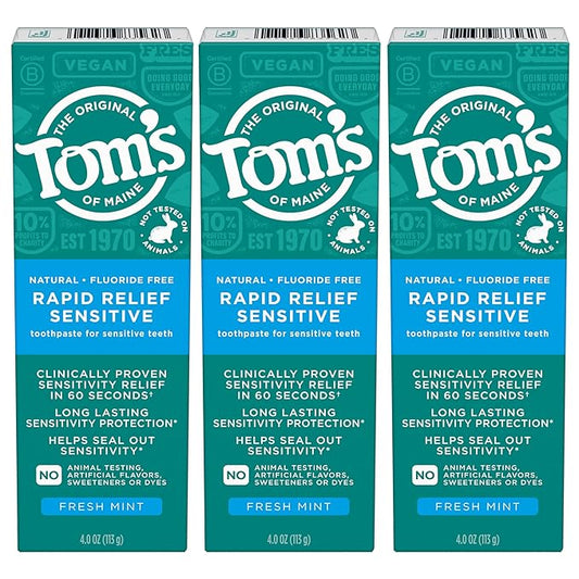Tom's of Maine Fluoride-Free Rapid Relief Sensitive Toothpaste, Fresh Mint, 4 oz. 3-Pack (Packaging May Vary)