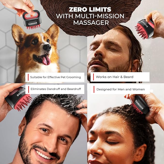 Bossman Titan Shower Scalp Massager – Ergonomic Silicone Scrubber for Product Build-Up, Dandruff & Pore Stimulation – Head & Beard Care Tool with Soft Bristles