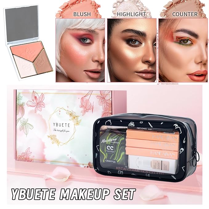 Makeup Set Kit for Women Full Kit, Makeup Present for Women Teen Girl, Eyeshadow Foundation CC Cream Face Primer Brush 3 in 1 Palette Lip Gloss, Eyebrow Soap Mascara Eyeliner Makeup bag