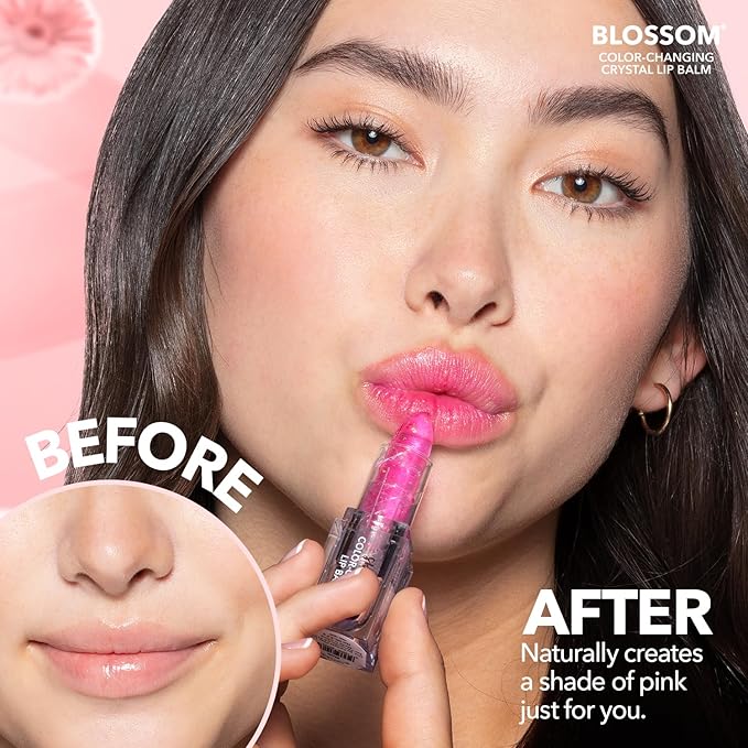 Blossom Moisturizing Color Changing Shimmering Lip Balm Sparkle Lip Stain Tint, Infused with Real Flowers, 3g, Electric Pink