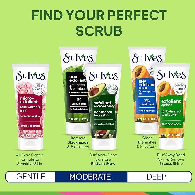 St. Ives Blackhead Clearing Face Scrub, Clears Blackheads & Unclogs Pores, Green Tea & Bamboo, Salicylic Acid Acne Treatment Facial Scrub, Moderate Exfoliator with Natural Exfoliants 6 oz, 6 Pack