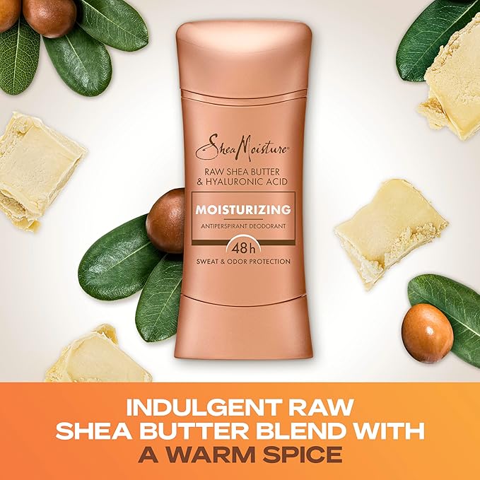 SheaMoisture Antiperspirant Deodorant Stick Moisturizing Raw Shea Butter & Hyaluronic Acid 2 Count for 48HR Sweat & Odor Protection with No Parabens & No Mineral Oil 2.6 oz