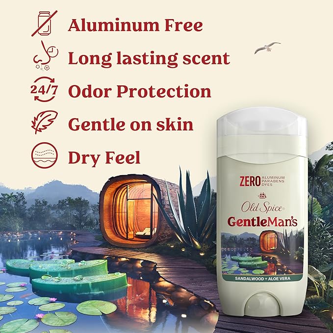 Old Spice GentleMan's Aluminum Free Dry Feel Deodorant for Men, 24/7 Lasting Freshness, Gentle on Skin with Skin Conditioners, Sandlewood + Aloe Scent, 3.0 oz