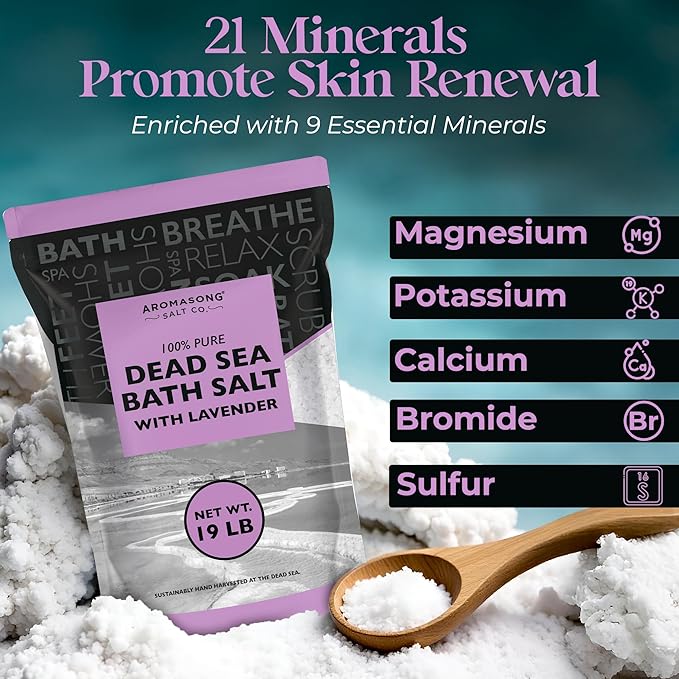 Aromasong Pure Dead Sea Salt for Soaking with 100% Natural Lavender, 19 LB - Spa Bath Salt Fine Grain - Body Wash Scrub - Soak for Women & Men- Bulk Resealable Pack