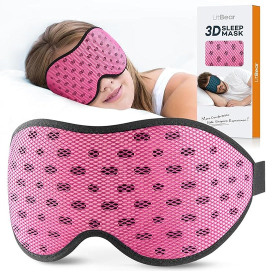 LitBear Breathable Sleep Mask, 3D Eye Mak Sleep for Side Sleepers Women Men, Light Blocking Sleeping Mask with Adjustable Strap, Soft Lightweight Eye Cover for Travel, Night Work, Nap, Office - Pink