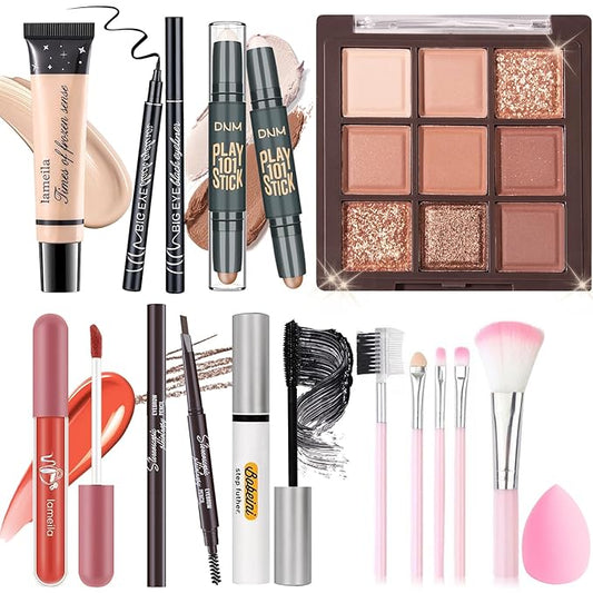 Makeup Set Kit for Women Girls Teens, Makeup Present Set, Includes 9 Color Eyeshadow, Counter Stick, Foundation, Eyebrow Pencil, Eyeliner, Mascara, Lip Gloss, 5Pcs Brushes, Sponge