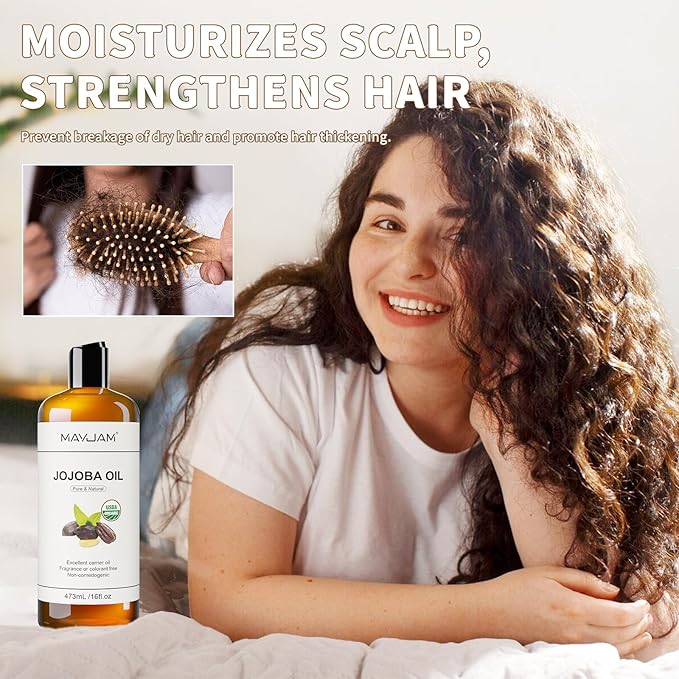 Jojoba Carrier Oil for Skin Pure Massage Oils 16 fl.oz.Cold Pressed Unrefined Natural Jojoba Oil for Hair,Face Body,Ear Stretch,Nails,Deeply Moisturizing for Essential Oils Mixing