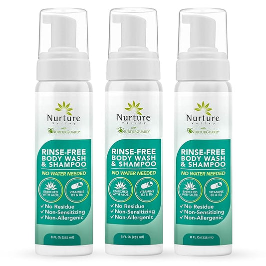 Nurture Rinse Free Body Wash & Shampoo w/Aloe | Hospital Grade Hair & Body Waterless Cleansing Foam | Women, Camping, Elderly & Hospital Patients | Shower Bath & Hand Soap for Sensitive Skin
