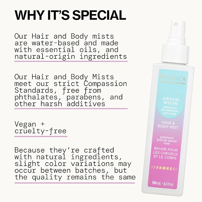 Pacifica Hair Perfume & Body Fragrance Spray Mist - Dream Moon with Vanilla, Almond & Spices – Alcohol-Free, Vegan & Cruelty-Free, 6.5 oz