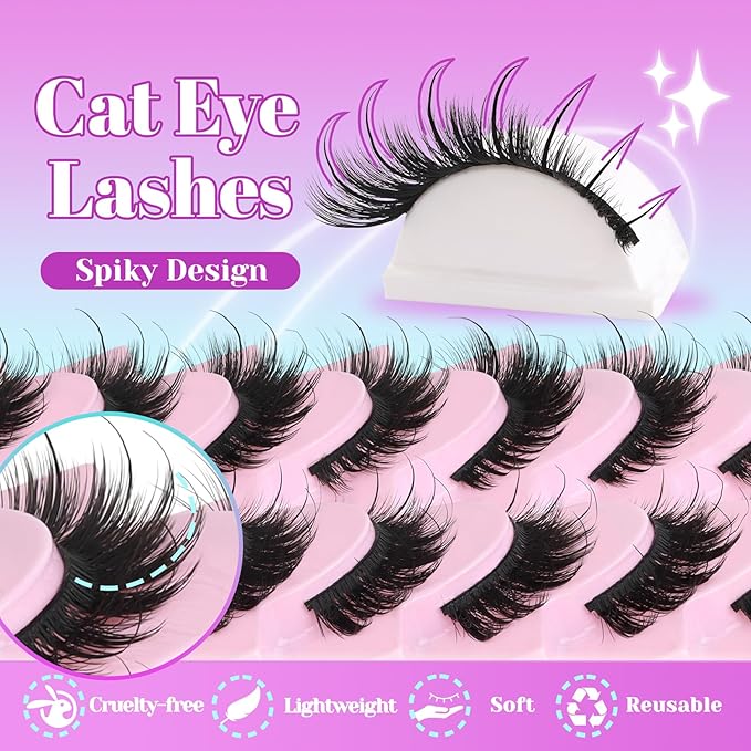 Losha Lashes Fluffy False Eyelashes 10 Pairs Spiky Cat Eye Lashes Kit with Lash Glue and Lash Tweezers 3D Volume Fake Eyelashes Soft Faux Mink Lashes Pack (Bold)