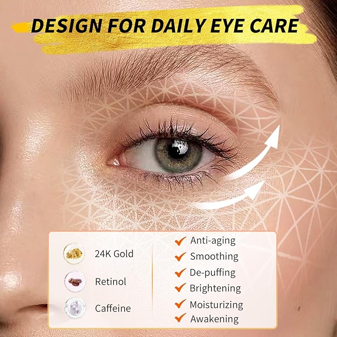 Under Eye Patches(24 Pairs), 24K Gold, Caffeine, Retinol Eye Masks for Puffy Eyes, Wrinkles, Dark Circles, Undereye Bags Treatment - Restoring & Awakening & Moisturizer Skin care Gift for Women