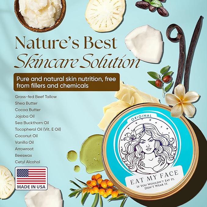 Eat My Face Tallow Face Moisturizer - Beef Tallow for Face Neck & Body, Beef Tallow Moisturizer, Organic Beef Tallow Face Cream, Grass Fed Beef Tallow for Skin, Made in USA - Tallow Cream, 4.0 fl oz
