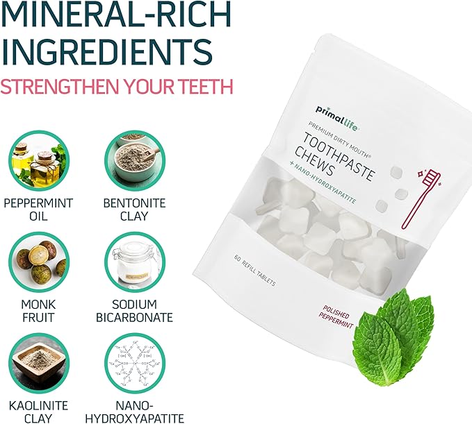 Primal Life Organics Premium Dirty Mouth Toothpaste Chews – Nano-Hydroxyapatite Whitening Toothpaste Tablets for Adults - Gluten Free, Vegan, Paleo - 60 Tablets in Bag - Polished Peppermint