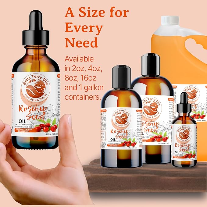 Bella Terra Oils Organic Rosehip Oil for Face, Pure Cold-Pressed Rose Hip Seed Oil for Skin & Hair, Natural Moisturizer & Anti-Aging Facial Oil 8oz