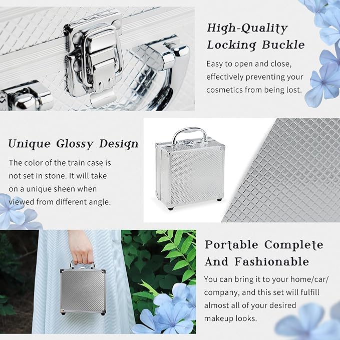 Color Nymph Beginner Makeup Kit For Teens With The Small Cosmetic Train Case Included 24-Colors Eyeshadow Palette Blushes Bronzer Highlighter Lipstick Brushes Mirror(Silver)