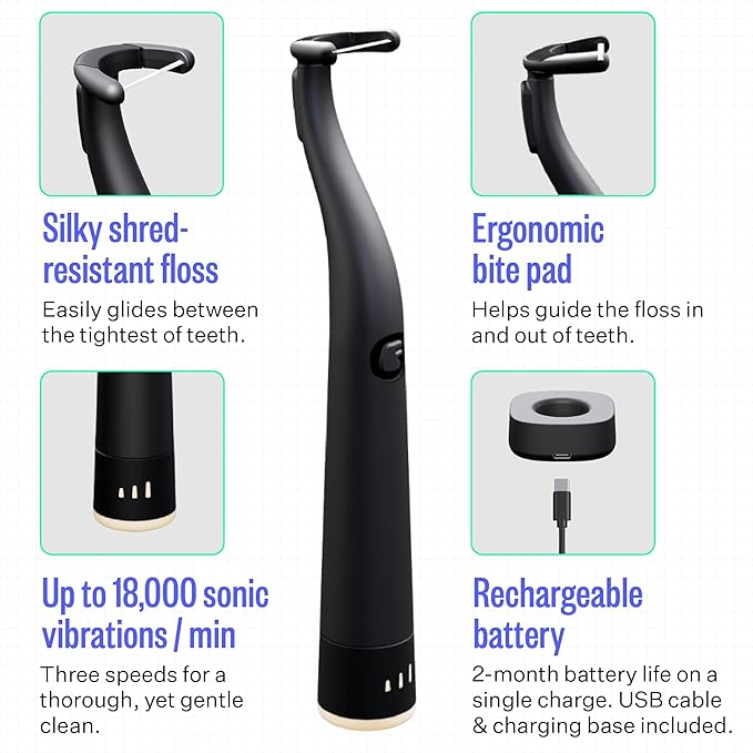 FLAUS Electric Flosser (Shark Tank) with 3 Speeds + 45 Replacement Heads - Easy Gliding Floss for Gentle Gum Care, Water Floss Alternative, Dentist Recommended Tooth Flossers, Eco Dental Floss Picks